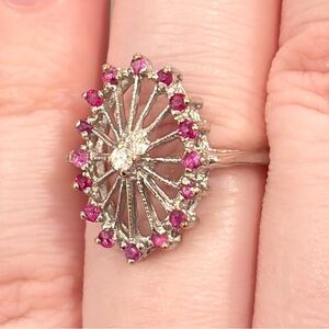 Vintage 14K PSCO Natural Ruby Diamond Ring Art Nouveau Size 7 Filigree Starburst
